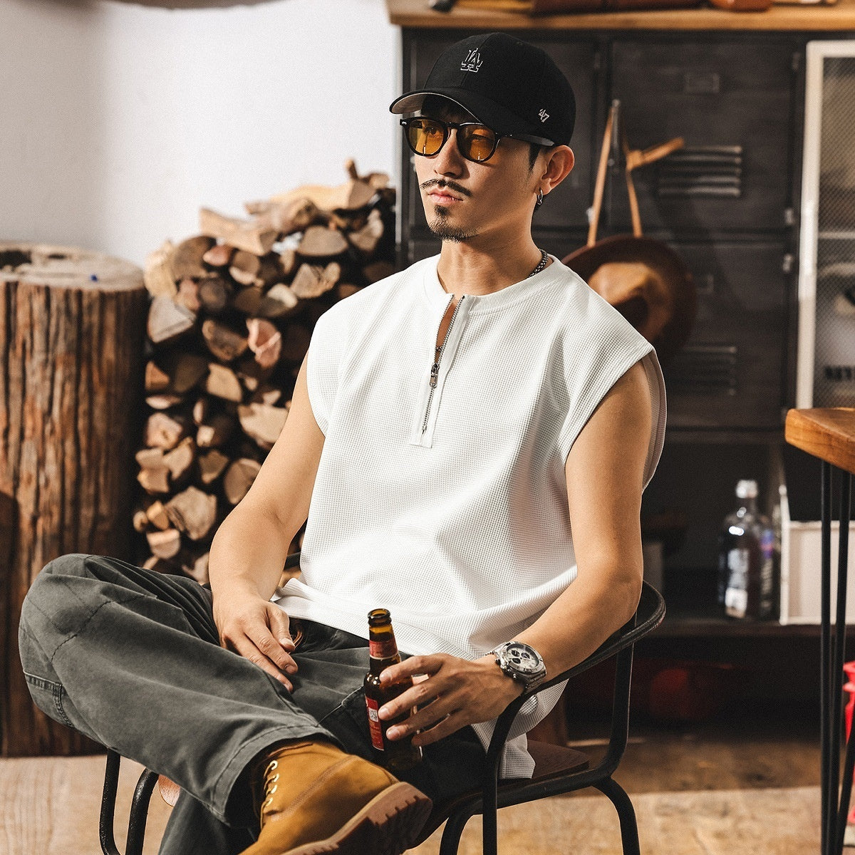 Vintage Zipper Sports Fitness Vest Men's Loose Waffle Texture Tough Guy T-shirt MerchMallow