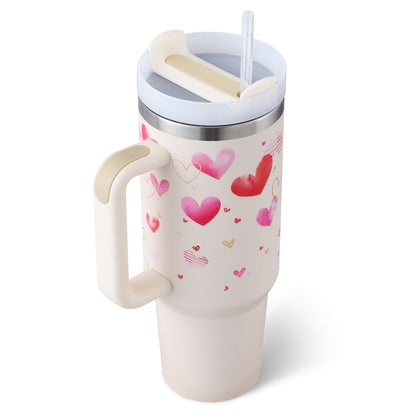40 Oz Tumbler With Handle Straw Insulated, Stainless Steel Spill Proof Vacuum Coffee Cup Tumbler With Lid Tapered Mug Gifts For Valentine Lover Suitable For Car Gym Office Travel MerchMallow