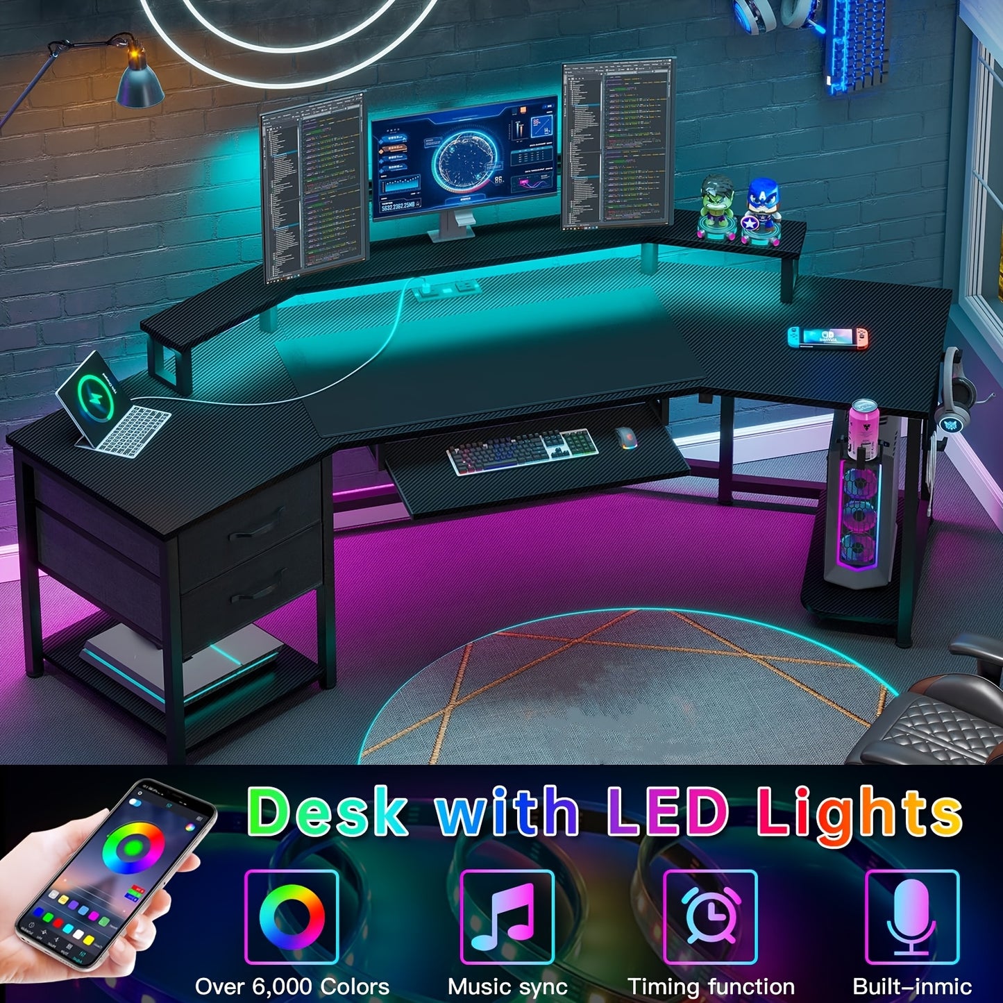 Modern Corner Gaming Desk - 79 Inch, Black Carbon Fiber, LED Lights, Power Outlets, 2 Fabric Drawers, Open Shelves, CPU Stand, Cup Holder, Headphones Hooks, Keyboard Tray, PC Workstation for Bedroom, Gaming Room