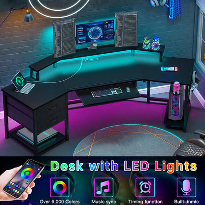 Modern Corner Gaming Desk - 79 Inch, Black Carbon Fiber, LED Lights, Power Outlets, 2 Fabric Drawers, Open Shelves, CPU Stand, Cup Holder, Headphones Hooks, Keyboard Tray, PC Workstation for Bedroom, Gaming Room