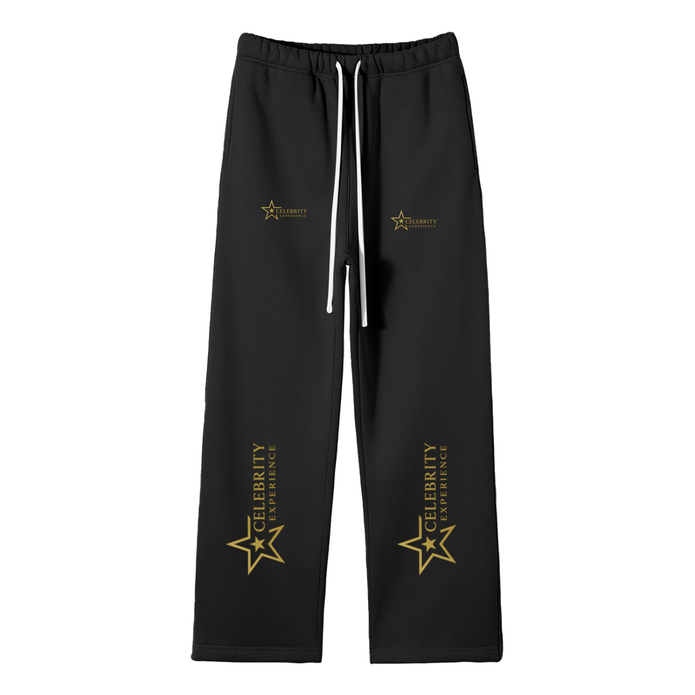 Unisex solid color fleece straight leg pants with drawstring and gold Celebrity Experience logos