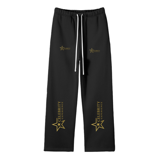 Unisex solid color fleece straight leg pants with drawstring and gold Celebrity Experience logos