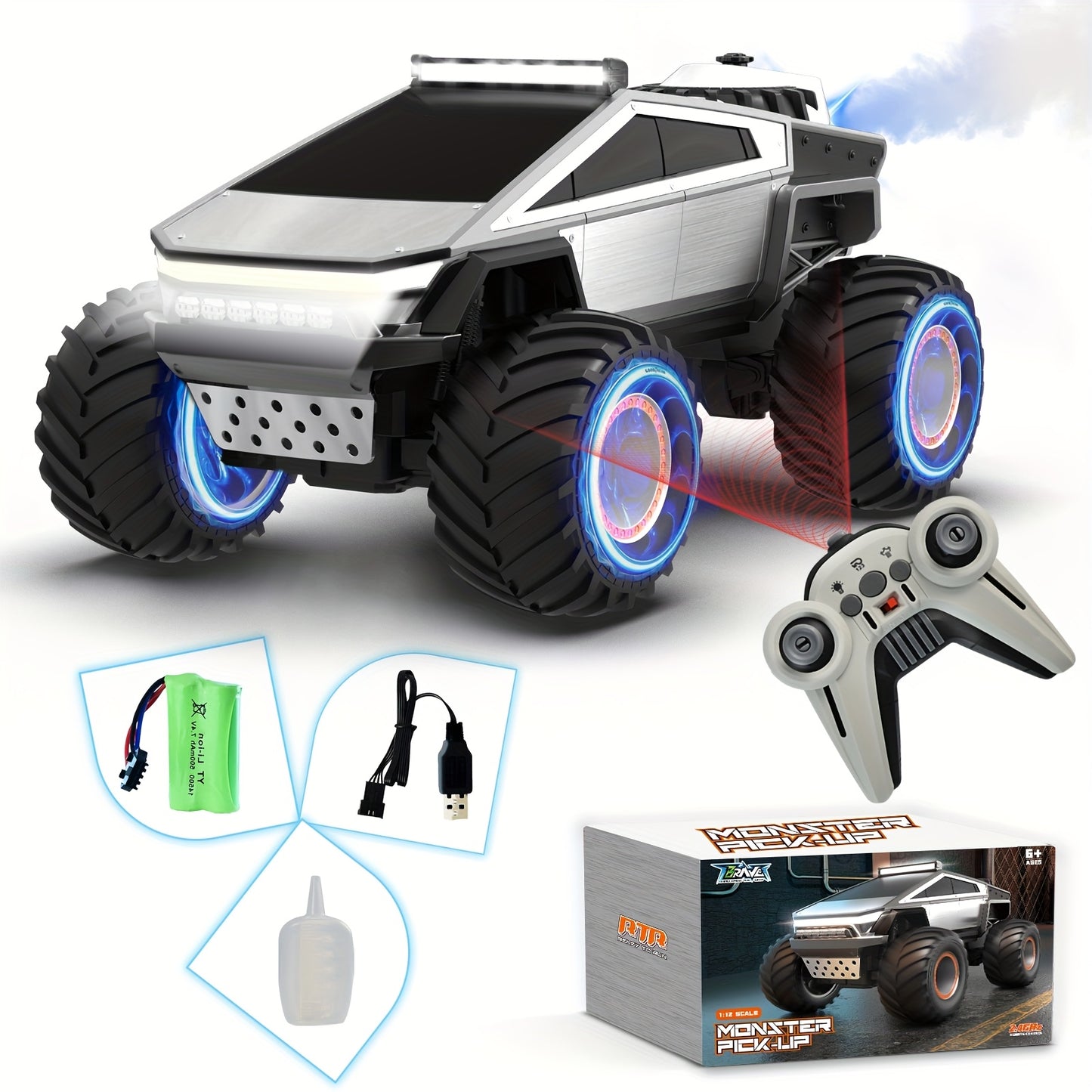 [RC Monster Truck Toy] 2.4GHz 4WD All Terrain RC Monster Truck Toy | Remote Control Off-road Vehicle with LED Lights, Music, Excellent Grip Big Wheels | Birthday, Christmas, Halloween Gifts for 6+ Boys And Girls