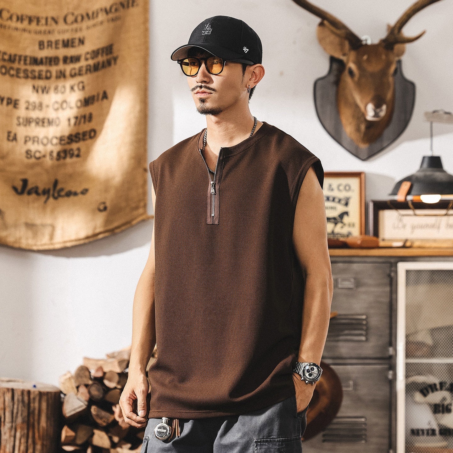 Vintage Zipper Sports Fitness Vest Men's Loose Waffle Texture Tough Guy T-shirt MerchMallow