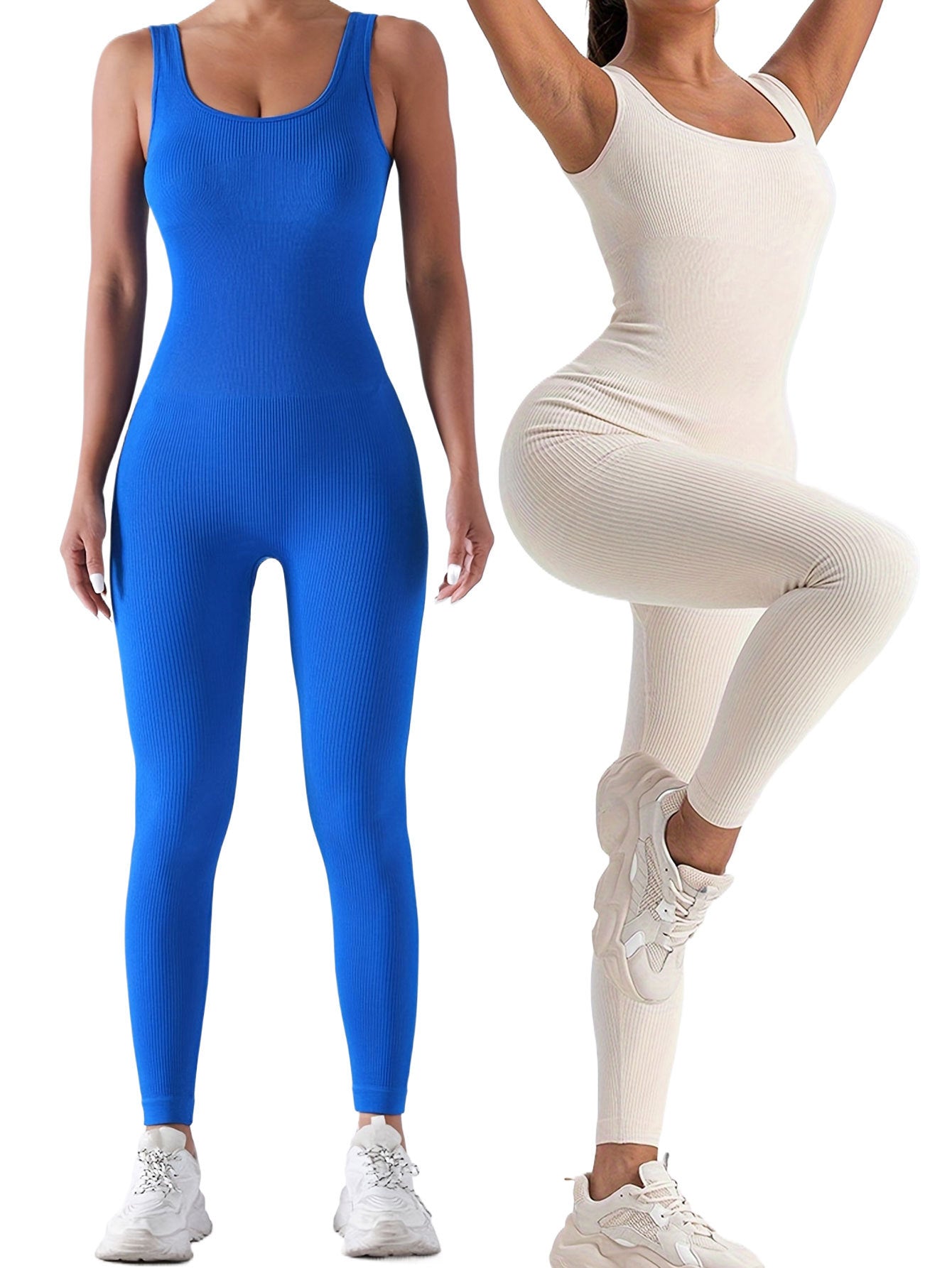 2 Pack Women's Ribbed Solid Color One-Piece Jumpsuit, Form-Fitting Sensual Activewear, Classic Sleeveless Full-Length Pants For Sport Casual Wear MerchMallow