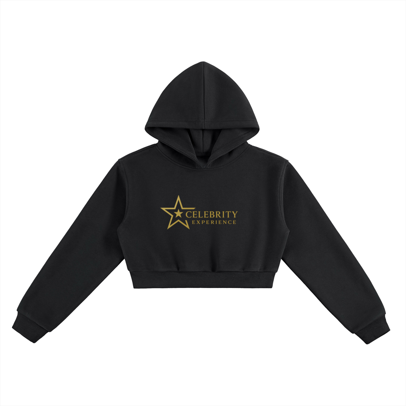 Black women's essential cropped hoodie with hood and Celebrity Experience gold logo print