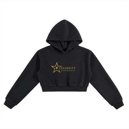 Black women's essential cropped hoodie with hood and Celebrity Experience gold logo print