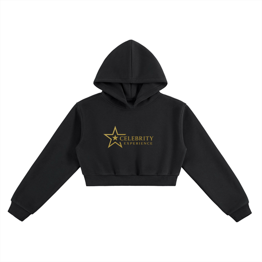 Black women's essential cropped hoodie with hood and Celebrity Experience gold logo print