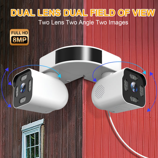 8MP Smart Wireless Wifi Security Camera Outdoor, Dual Lens PTZ Surveillance Cameras Outside, 360° Panoramic View External Corner Mount With Double Bullet Cam, Full Color Night Vision, Smart AI Motion Detection, Sound & Motion