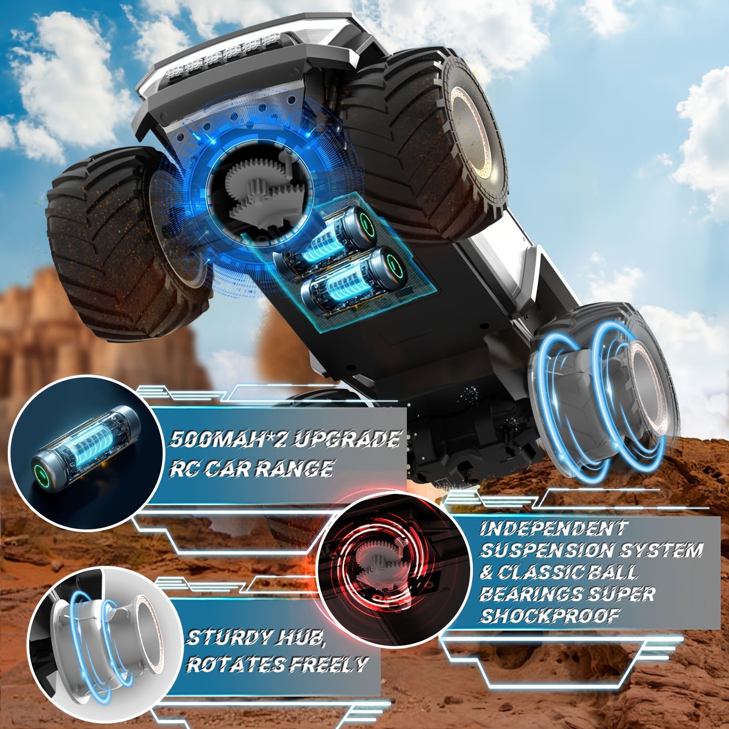 [RC Monster Truck Toy] 2.4GHz 4WD All Terrain RC Monster Truck Toy | Remote Control Off-road Vehicle with LED Lights, Music, Excellent Grip Big Wheels | Birthday, Christmas, Halloween Gifts for 6+ Boys And Girls