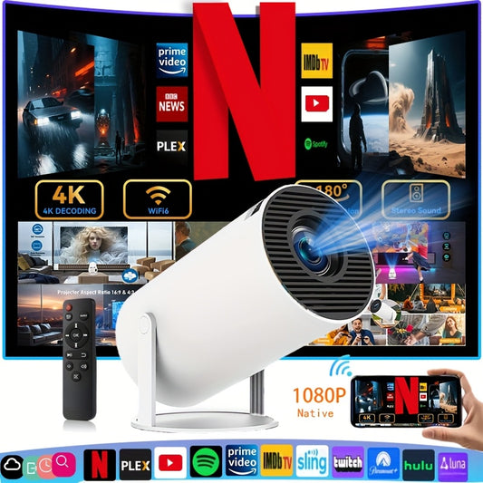 Portable 4K Smart Projector with WiFi 6 & BT 5.0, 1080P Native Resolution, 180° Rotatable Adjustable Screen, USB-Powered LED Light & Wireless Connectivity - Compatible with Netflix, YouTube, Prime Video for Home Theater, Out