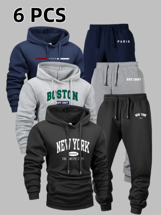 6pcs Men's Sportswear And Pants Set, Fashionable Street Style City Name Printed Sportswear for Autumn And Winter Outdoor Fitness Jogging Casual Wear, Soft, Warm And Comfortable Hooded Shirt And Pants|Men's Set.