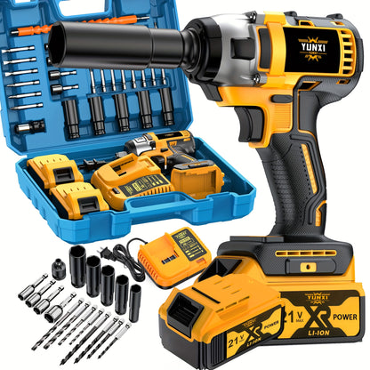 21V Cordless Impact Wrench Wireless Drill Kit with 4000mAh Battery, Brushless Electric Impact Gun Drill, Toolbox, Charger, Socket & Complete Accessories - Ideal Gift for Men