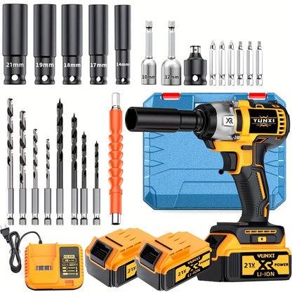 21V Cordless Impact Wrench Wireless Drill Kit with 4000mAh Battery, Brushless Electric Impact Gun Drill, Toolbox, Charger, Socket & Complete Accessories - Ideal Gift for Men