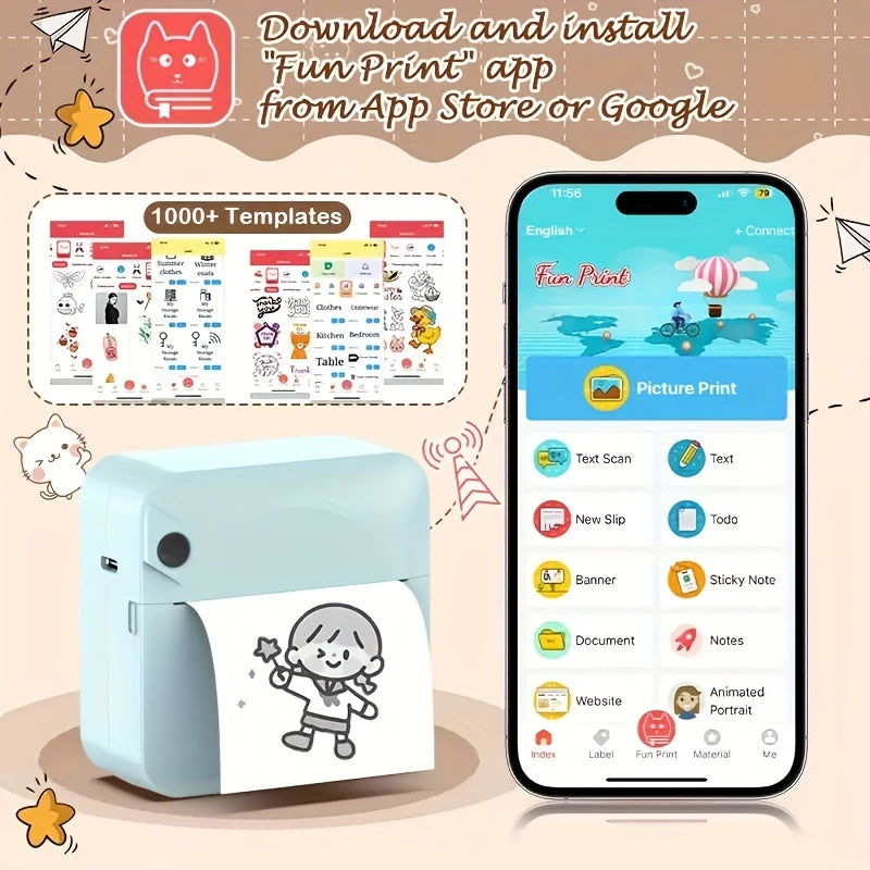 Ink Free Sticker Printer Mini Thermal Printer with One Roll Of Thermal Paper, Wireless Pocket Printer, Intelligent Portable Receipt Printer, Suitable for Photos, Diaries, Notes, And Memos