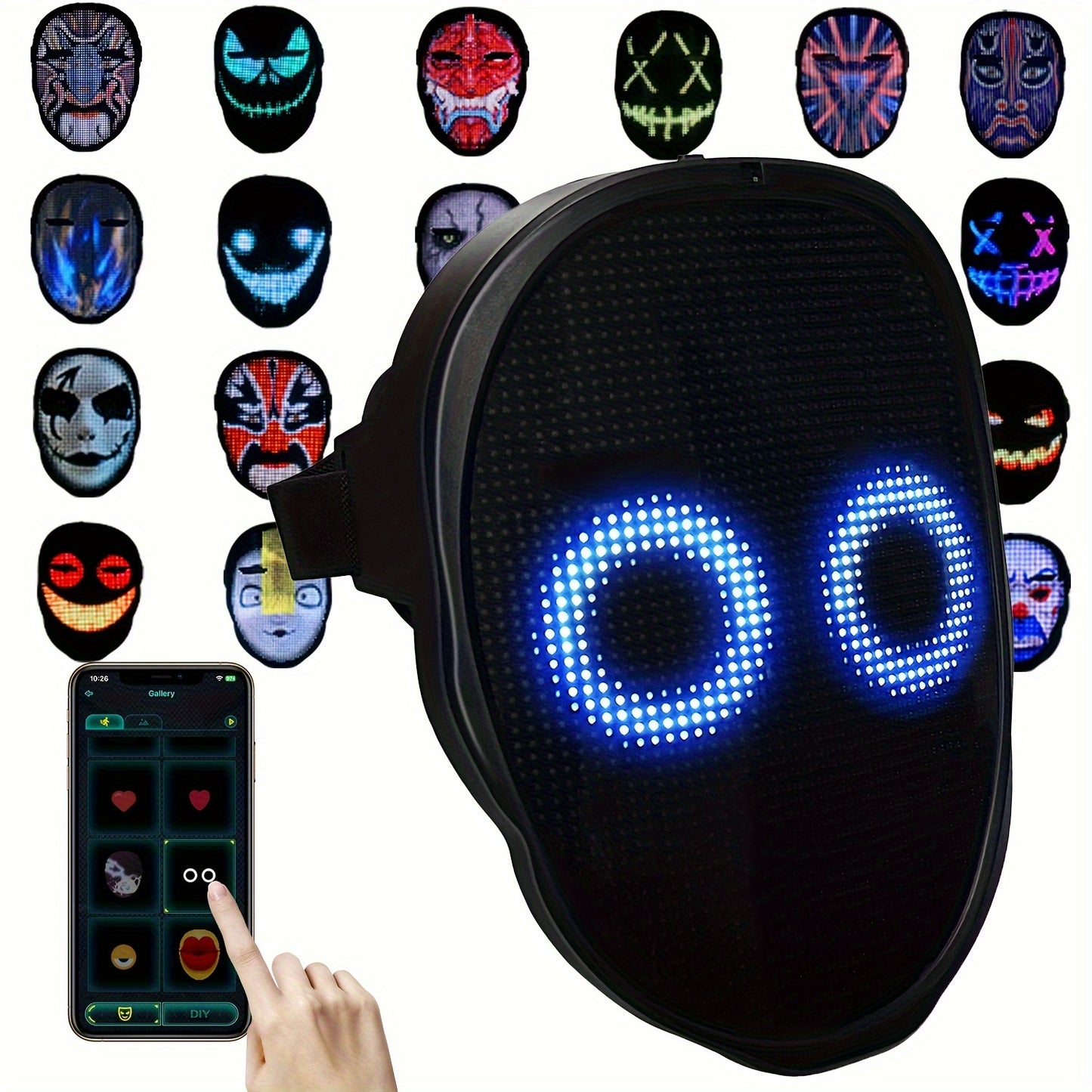 App-Controlled LED Face Mask with RGB & - Real-Time Light Effects, - Portable Party Mask for Adults, Halloween Costumes, Nightclub & Photo Shoots (Compatible with Smartphones)