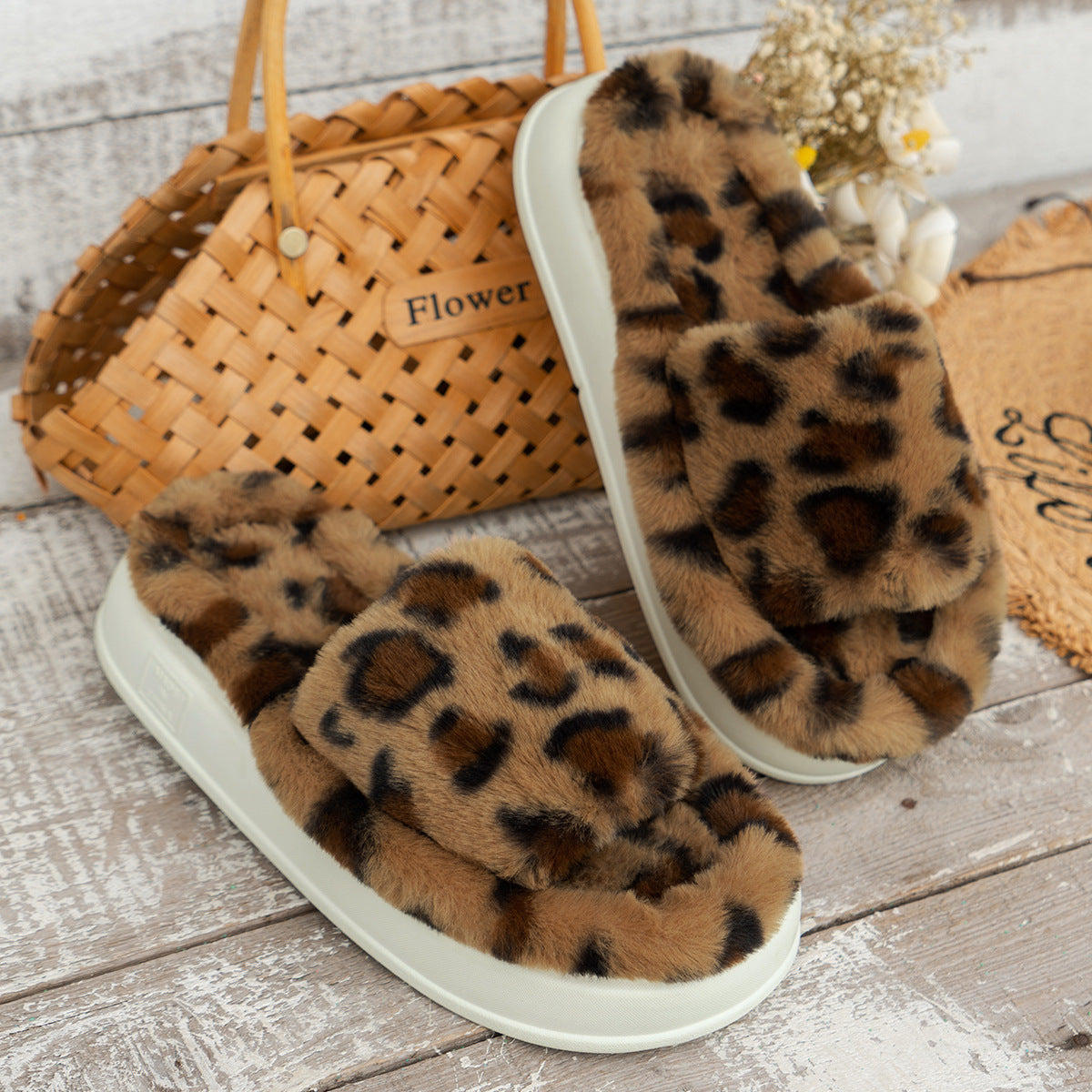 Leopard Print Thick Bottom Fluffy Slippers MerchMallow