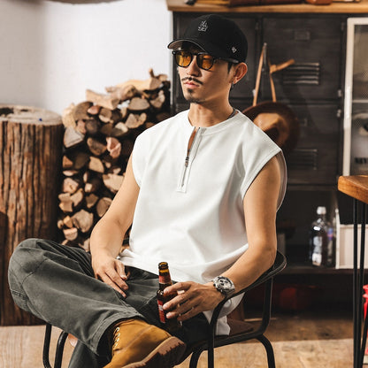 Vintage Zipper Sports Fitness Vest Men's Loose Waffle Texture Tough Guy T-shirt MerchMallow