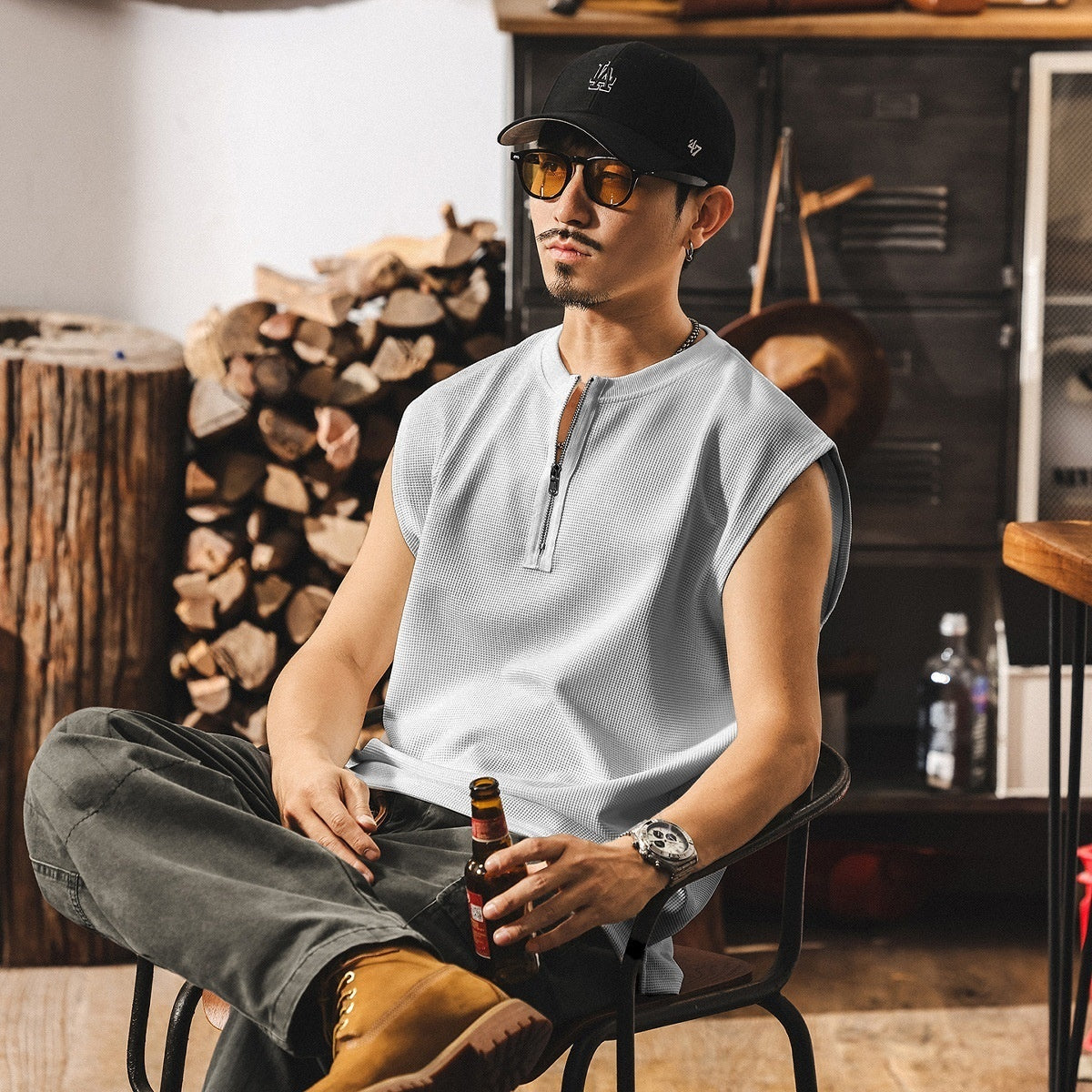 Vintage Zipper Sports Fitness Vest Men's Loose Waffle Texture Tough Guy T-shirt MerchMallow