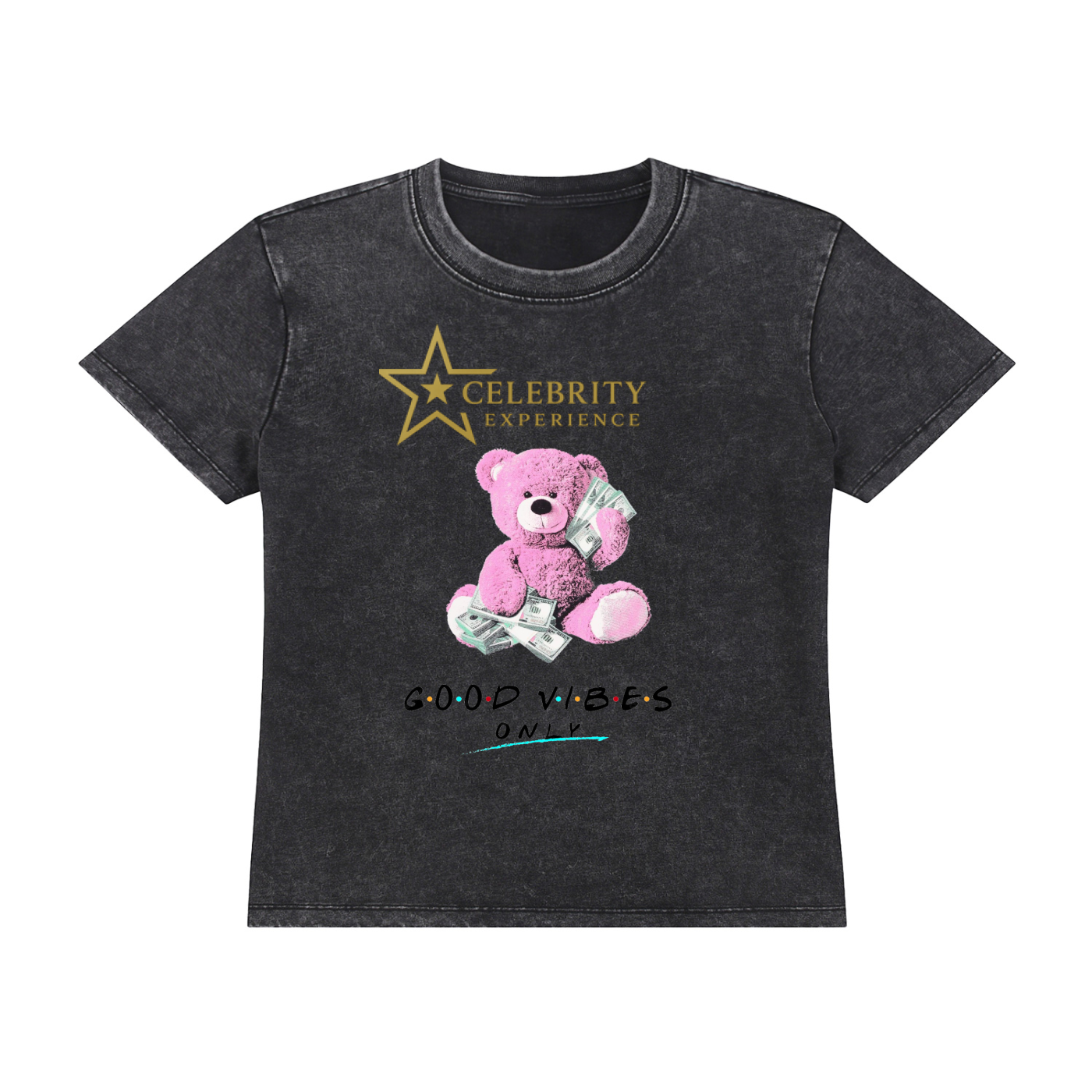 Vintage Wash Drop Shoulder T-shirt for women with pink teddy bear graphic and "Good Vibes" text on black washed cotton fabric