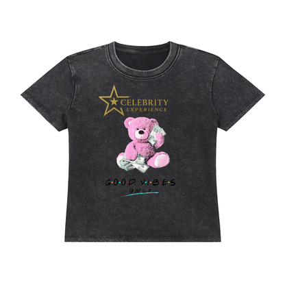 Vintage Wash Drop Shoulder T-shirt for women with pink teddy bear graphic and "Good Vibes" text on black washed cotton fabric