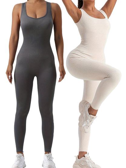2 Pack Women's Ribbed Solid Color One-Piece Jumpsuit, Form-Fitting Sensual Activewear, Classic Sleeveless Full-Length Pants For Sport Casual Wear MerchMallow