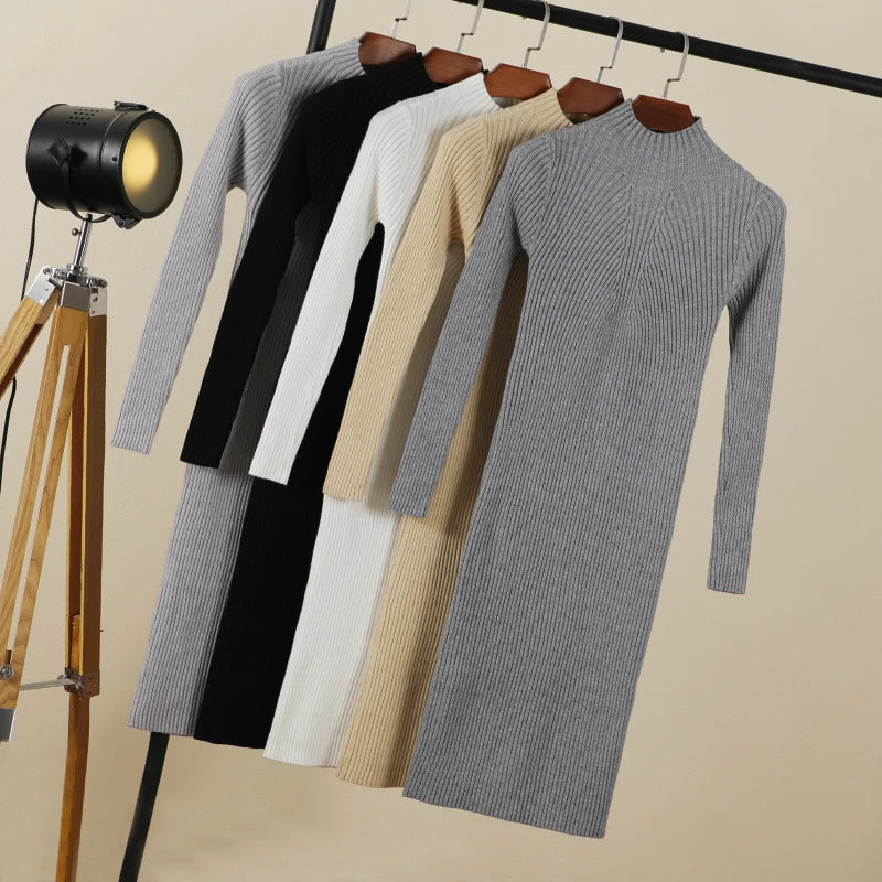 Sweater Dress Female 2025 Winter Knitted Basic Casual Women's Dresses Ladies Korean Fashion Clothes Clothing Robe Elegant Black