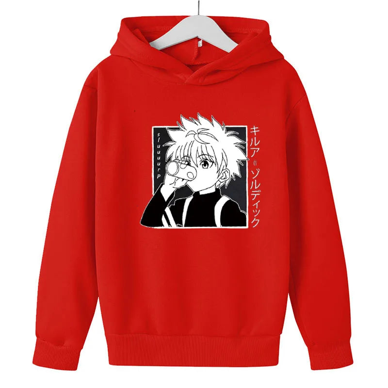 Red oversized cartoon anime hoodie for girls aged 7-12 years made of polyester