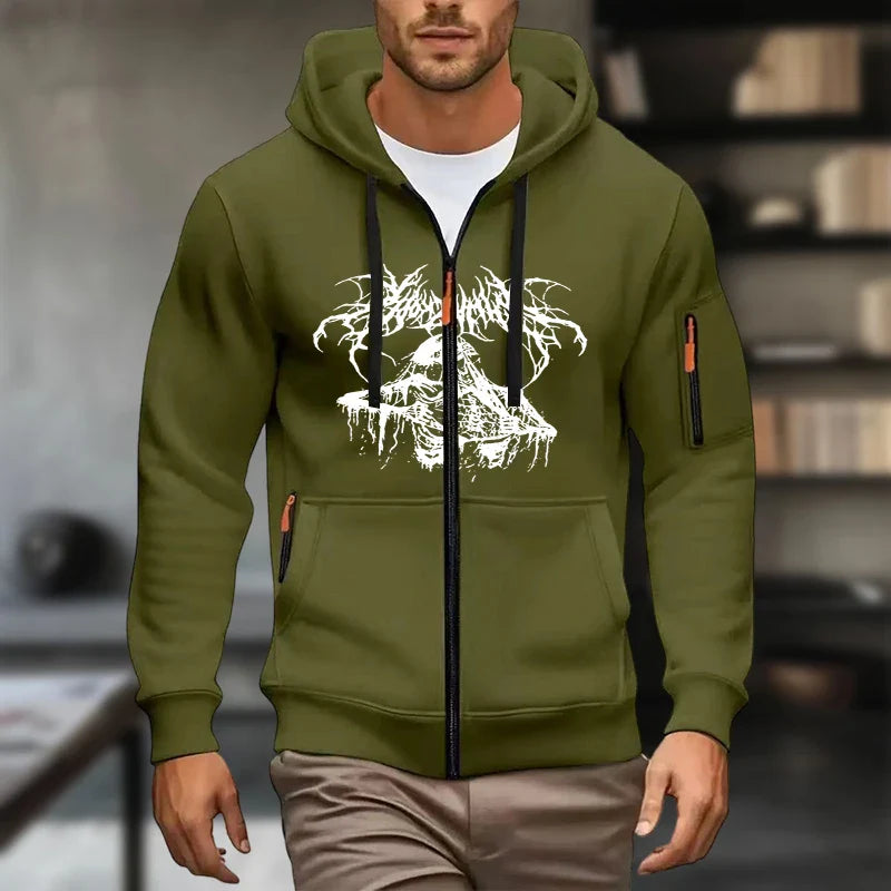Men's casual olive green zip-up hoodie with white print and hood, polyester sweatshirt for autumn and winter.