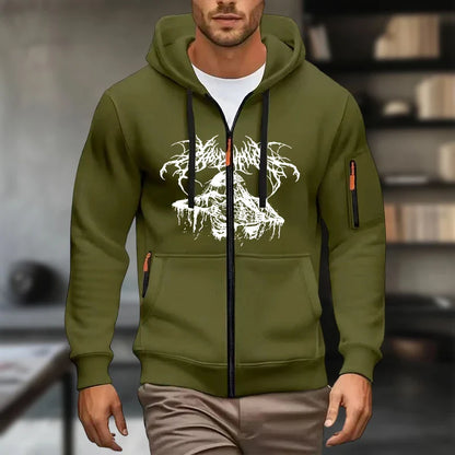 Men's casual olive green zip-up hoodie with white print and hood, polyester sweatshirt for autumn and winter.