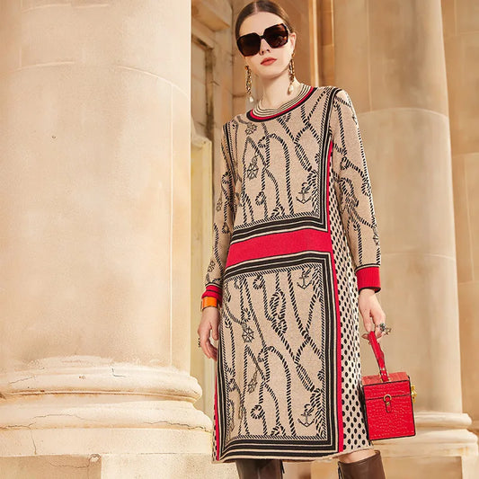 Women’s knitted sweater dress with long sleeves and A-line silhouette for spring and autumn 2024, featuring a vintage print design and regular fit.