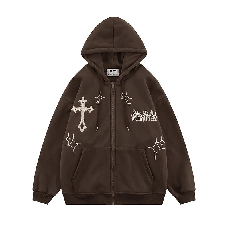 Brown hooded sweatshirt with cross embroidery, full-zip, casual loose fit for men and women