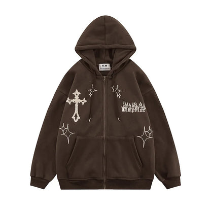 Brown hooded sweatshirt with cross embroidery, full-zip, casual loose fit for men and women
