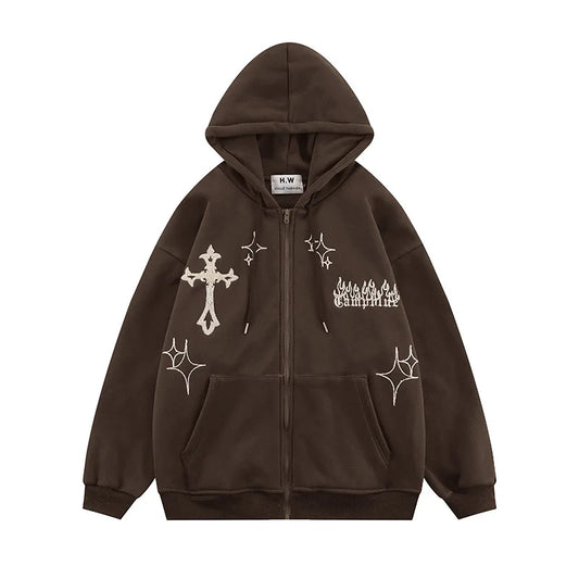 Brown hooded sweatshirt with cross embroidery, full-zip, casual loose fit for men and women