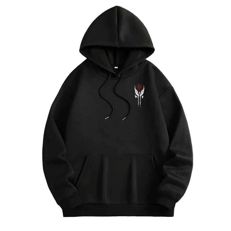 Black hoodie for man with hooded collar and small red and white print design on chest for casual autumn and winter wear