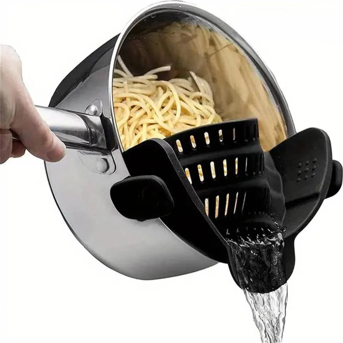 Adjustable silicone clip-on pot strainer draining water from pasta pot