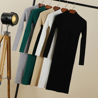 Female sweater dresses knitted mid-calf long sleeve slim fit winter casual Korean fashion in multiple colors