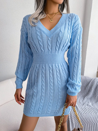 Knitted Sweater Dress For Women 2025 Autumn Winter Long Sleeve Slim Waist Knitwear Clothes White Blue Khaki
