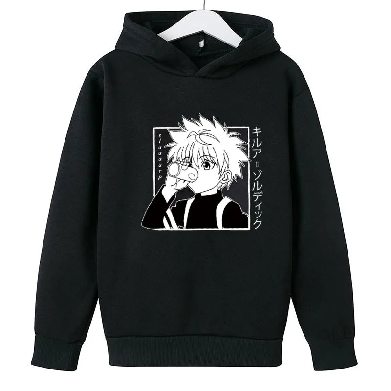 Black oversized anime cartoon hoodie for girls aged 7-12 years, casual polyester pullover sweatshirt