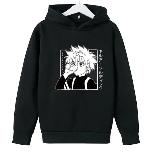 Black oversized anime cartoon hoodie for girls aged 7-12 years, casual polyester pullover sweatshirt