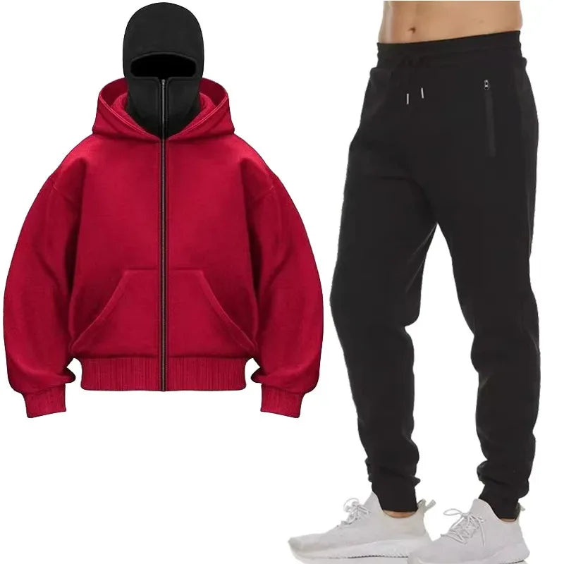Men's hoodies sets with red hooded zip jacket and black jogging pants, autumn winter sportswear two-piece suit
