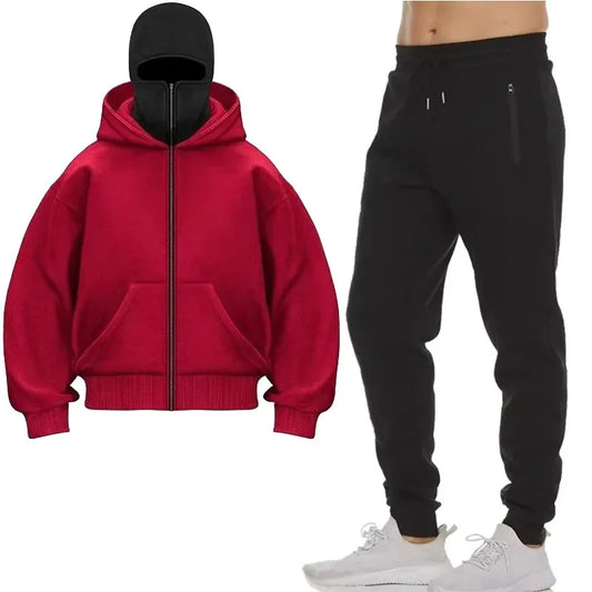 Men's hoodies sets with red hooded zip jacket and black jogging pants, autumn winter sportswear two-piece suit
