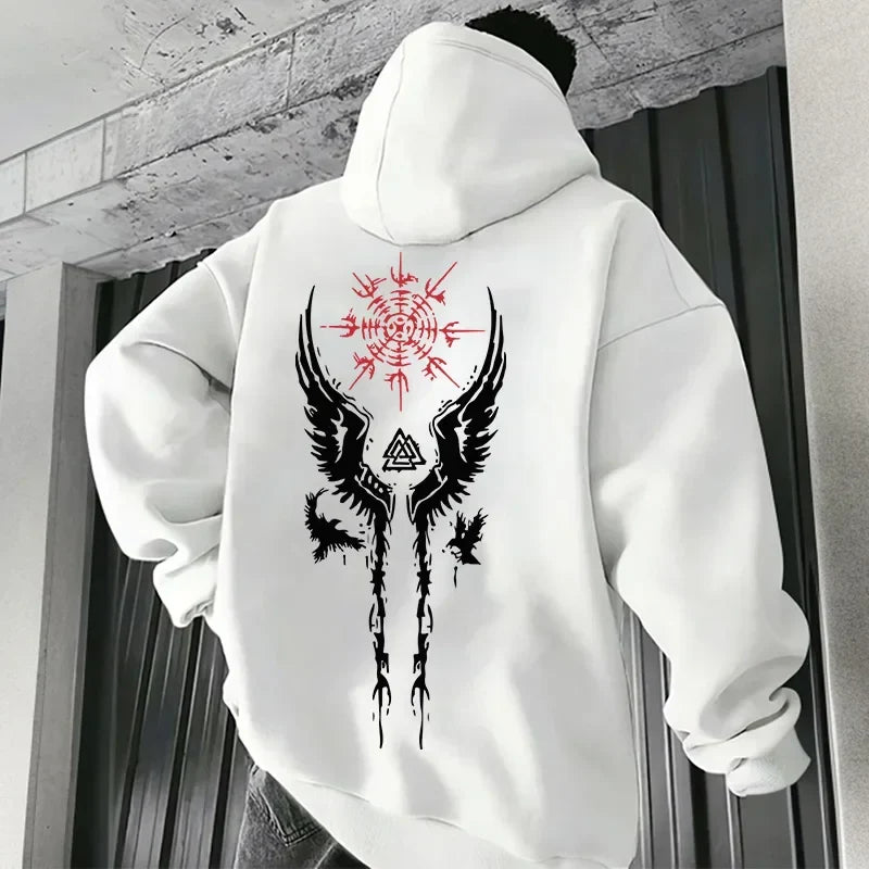 White hoodie for man with black and red graphic print on back, hooded casual urban sweatshirt for fall and winter.