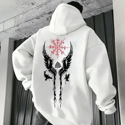 White hoodie for man with black and red graphic print on back, hooded casual urban sweatshirt for fall and winter.