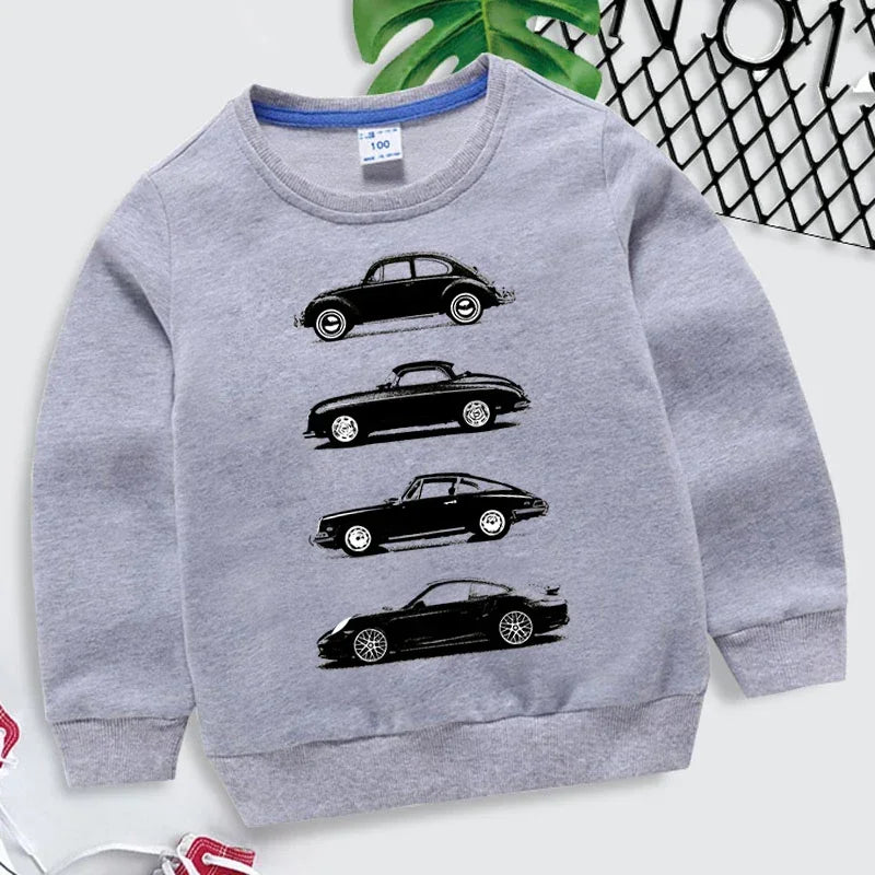 Kids hoodie 2023 with black rally car prints, unisex pullover sweatshirt for boys and girls, cotton polyester autumn streetwear