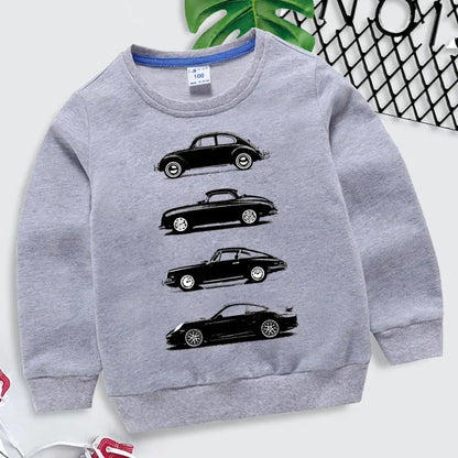 Kids hoodie 2023 with black rally car prints, unisex pullover sweatshirt for boys and girls, cotton polyester autumn streetwear