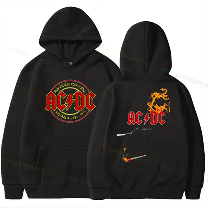 Black hoodie hip hop streetwear with AC/DC graphic print front and back for men and women