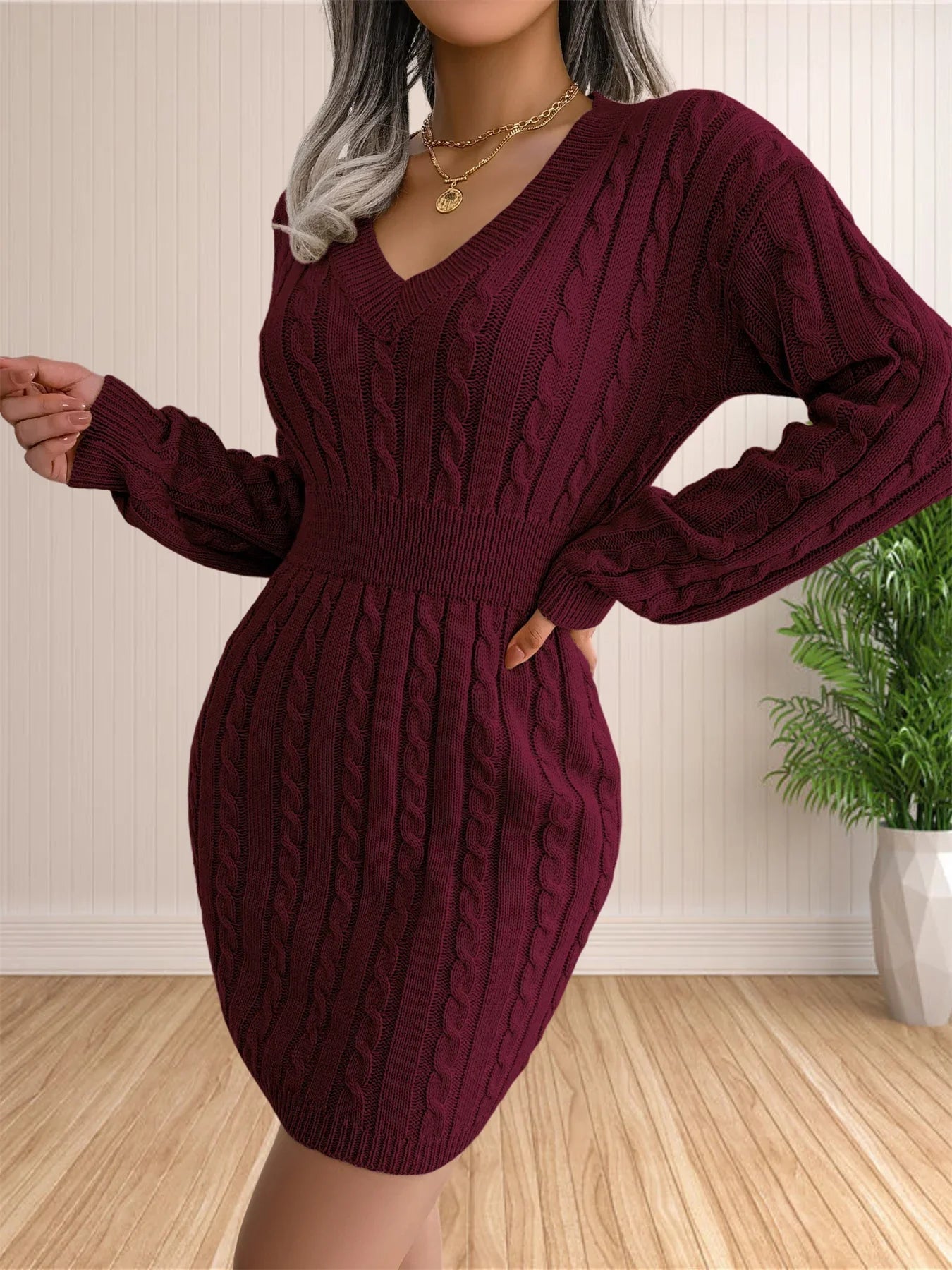 Women sweater dress knitted V-neck long sleeve mini sheath dress in burgundy