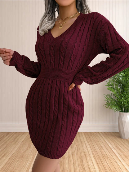 Women sweater dress knitted V-neck long sleeve mini sheath dress in burgundy