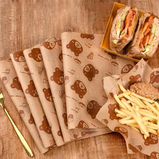 100PC sandwich packaging paper with bear print, food grade, oil resistant for sandwiches, fries, and baking.